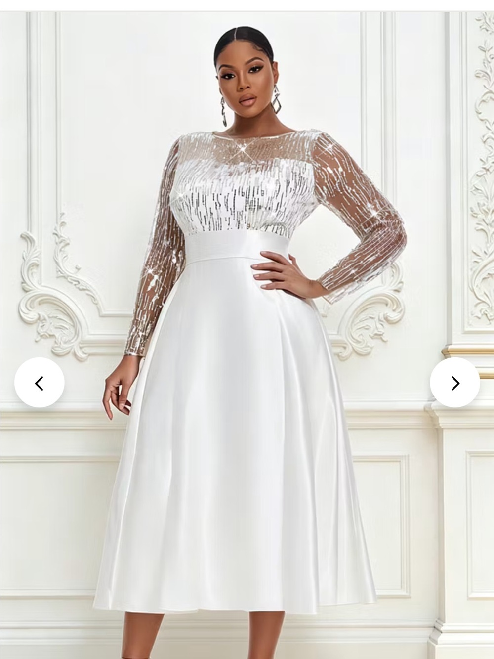 White Long Sleeve Sequin Bodice Midi Dress
